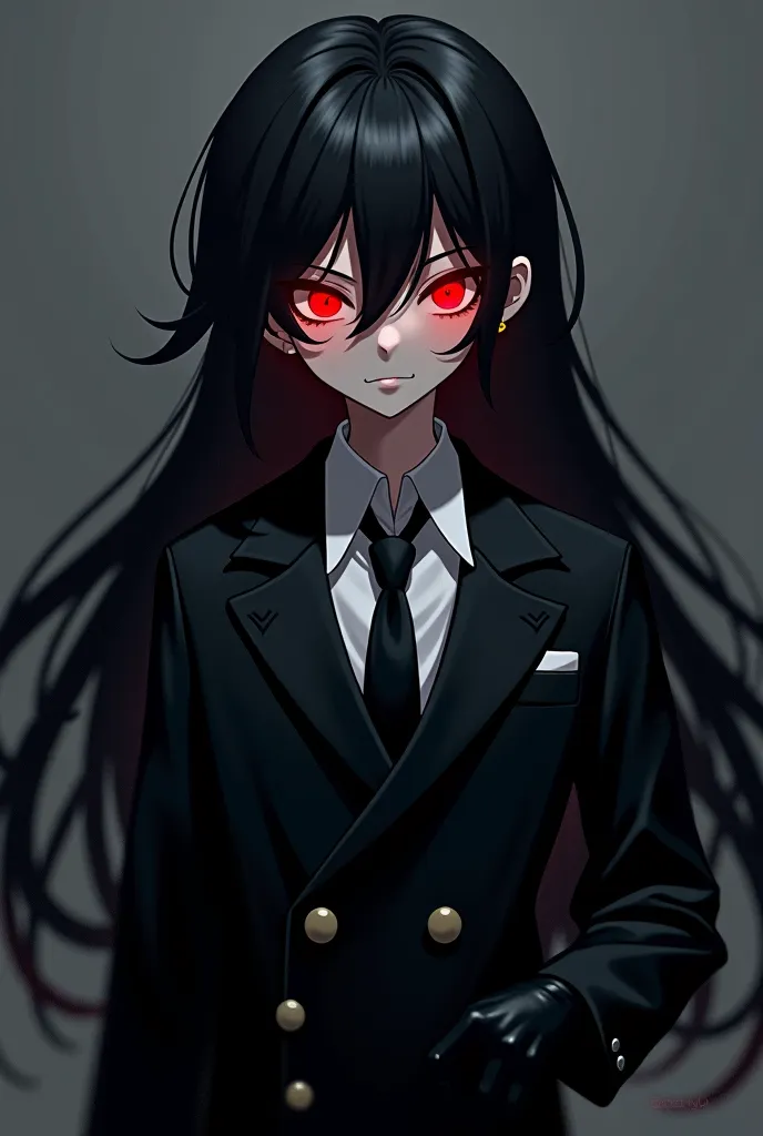  Anime Tween boy with Glowing Red Eyes, With VERY Long Flowing Black Hair wearing a Baggy Long Sleeved Double Breasted Black Suit and Tie with White Dress Shirt. With Long Black Leather gloved hands