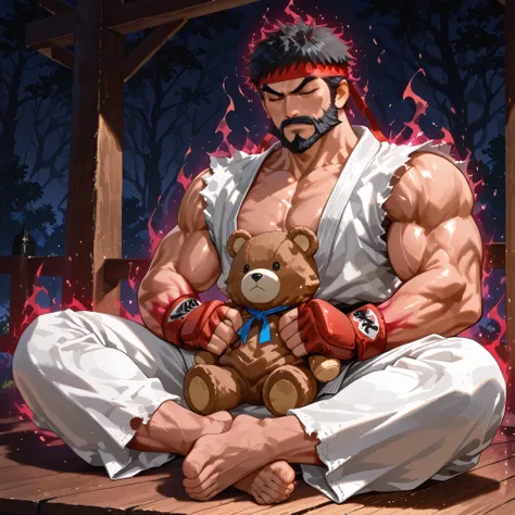 1boy,1Plush Toy ... ((Red dark aura on Ryu's body)),((A blue large stuffed bear)).closed eyes,Street fighter Ryu is sitting zazen. practicing Zen meditation.,. A stuffed animal is placed on a man's leg.The atmosphere is austere,Ryu,. Beard. black hair,Rag...