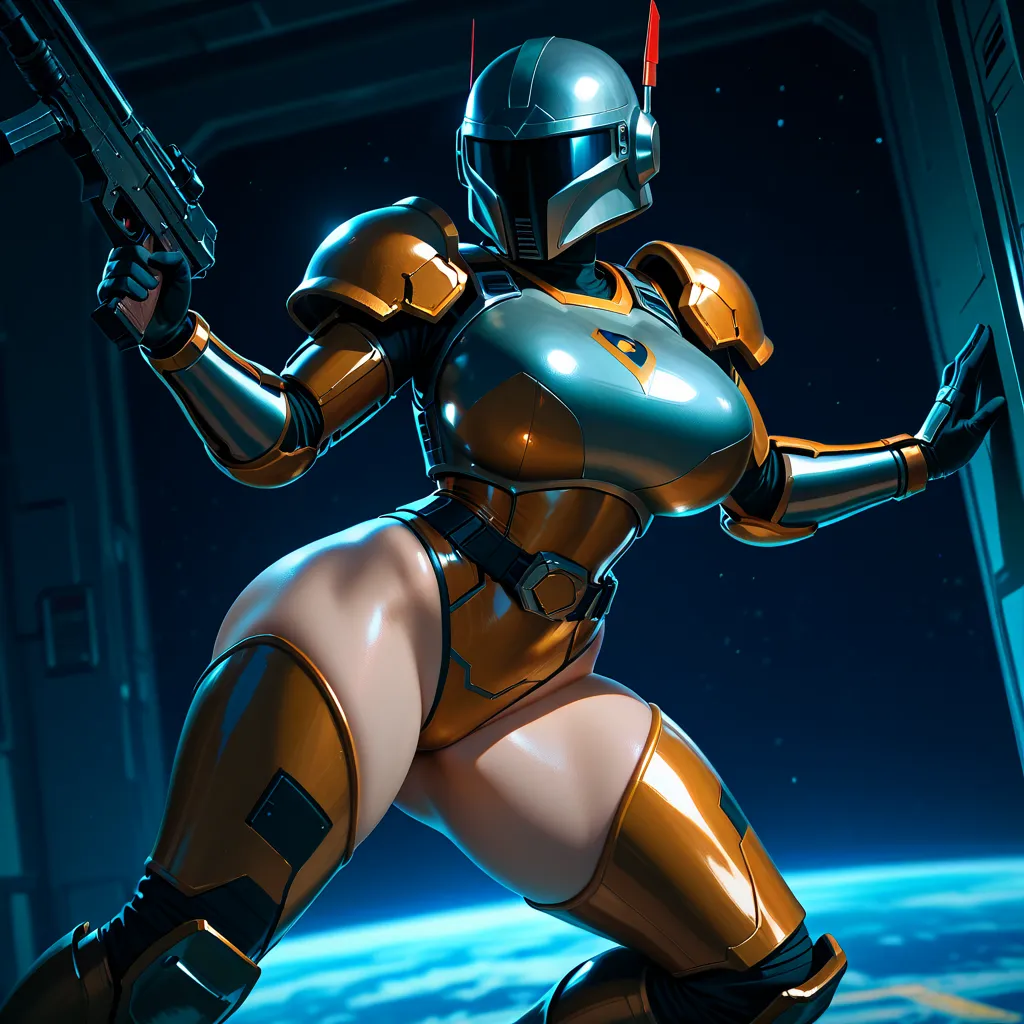  Anime woman , big partially naked boobs in armor,  Mandalorian helmet , ,  Vivid image ,  juicy thighs, slightly oily,  in the space station, background is blurred, action shot 
