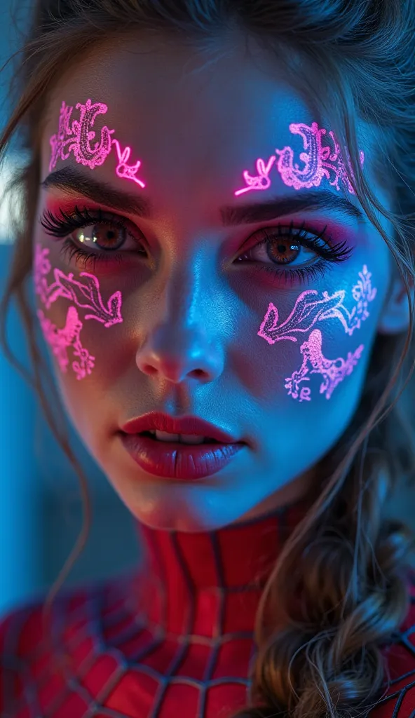 beautiful woman in a spiderman costume,  makeup , hipster, cyberpunk 2077, magical beauty, neon, photorealistic, Macro photography, high quality, 4K, Fairy, face tattoo , crescent-shaped tattoo, snow flakes, красивые neonовые частицы, photorealistic