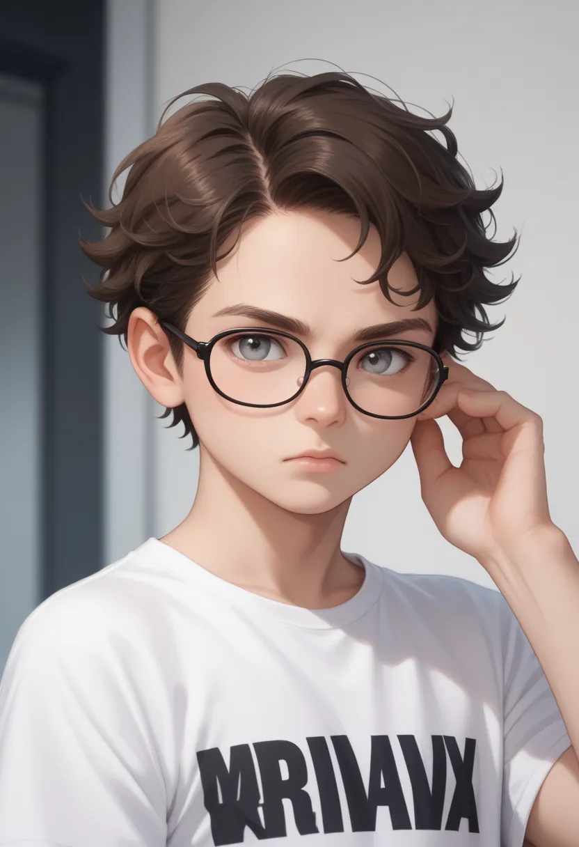 Cute boy, (in glasses), ,  curly dark brown hair,  grey eyes, serious facial expression, wearing a white t-shirt with a movie print "Matrix", Upper body photo