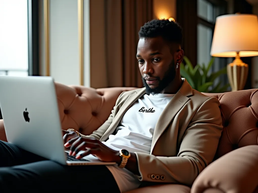 A young African man wearing a white t-shirt with "Berthe" written above and a Gucci jacket sitting in a luxurious place with an Apple laptop in his hand.