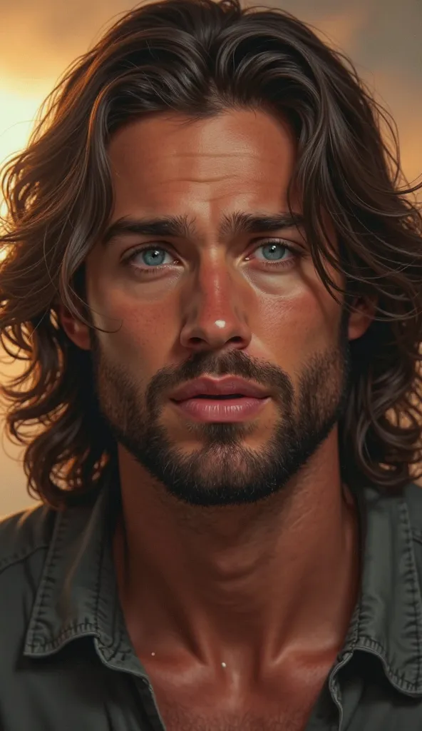 A highly realistic digital painting of a man with long, wavy brown hair and a well-groomed beard. His deep blue eyes gaze forward with a sorrowful expression. A single tear rolls down his cheek, glistening in the soft, warm lighting. His slightly parted li...