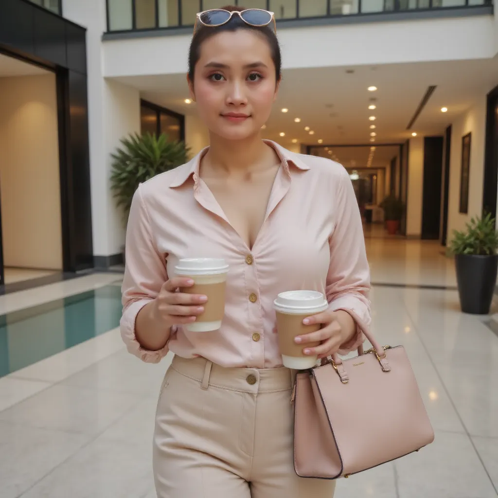 A gorgeous young mother in her early 30s, with **short blonde hair styled in a classy bob**, her **glowing skin and soft pink lips adding to her charm**. She holds a **shopping bag in one hand** and a **cup of iced coffee in the other**, walking confidentl...