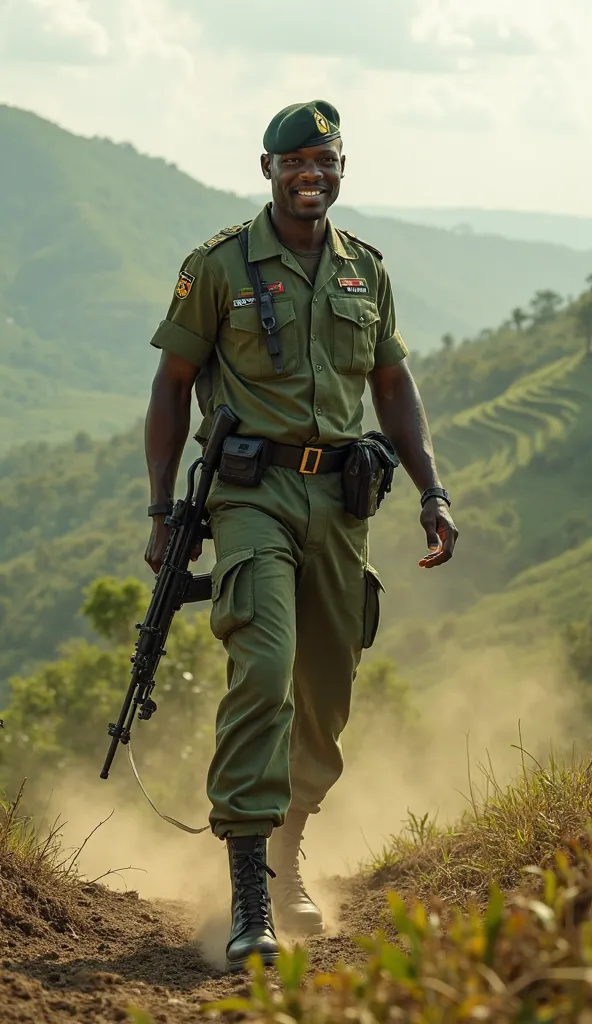 A towering Burundian soldier stands atop a sunlit green hill, his 46-inch chest accentuated by a crisp military uniform. Glowing white skin contrasts with the emerald landscape as he grips his rifle, muscles rippling in slow motion. Wind tousles his hair a...