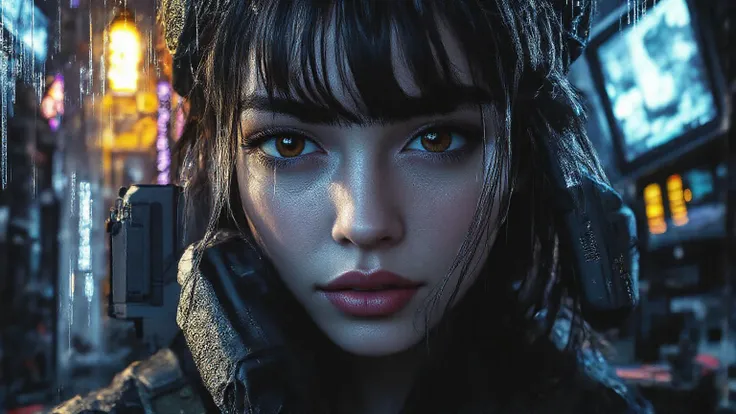 A hyper-realistic reimagining of Mai in a real-world setting. She has sharp, captivating facial features with deep brown eyes filled with determination and intelligence. Her long, straight black hair falls gracefully down her back, with bangs framing her f...