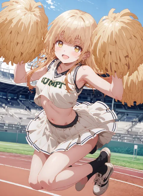 It's so dizzying, Mahiru Shiina, bungs, blonde hair, brown hair, yellow eyes,long hair,smile,blush,open your mouth,,(cheerleading), (full body), on chest, (semen), semen Wet Clothes, (white clothes),sleeveless, pleated skirt,black socks,sneakers,belly...