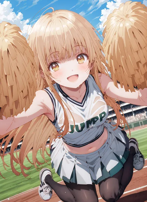It's so dizzying, Mahiru Shiina, bungs, blonde hair, brown hair, yellow eyes,long hair,smile,blush,open your mouth,,(cheerleading), (full body), on chest, (semen), semen Wet Clothes, (white clothes),sleeveless, pleated skirt,black socks,sneakers,belly...