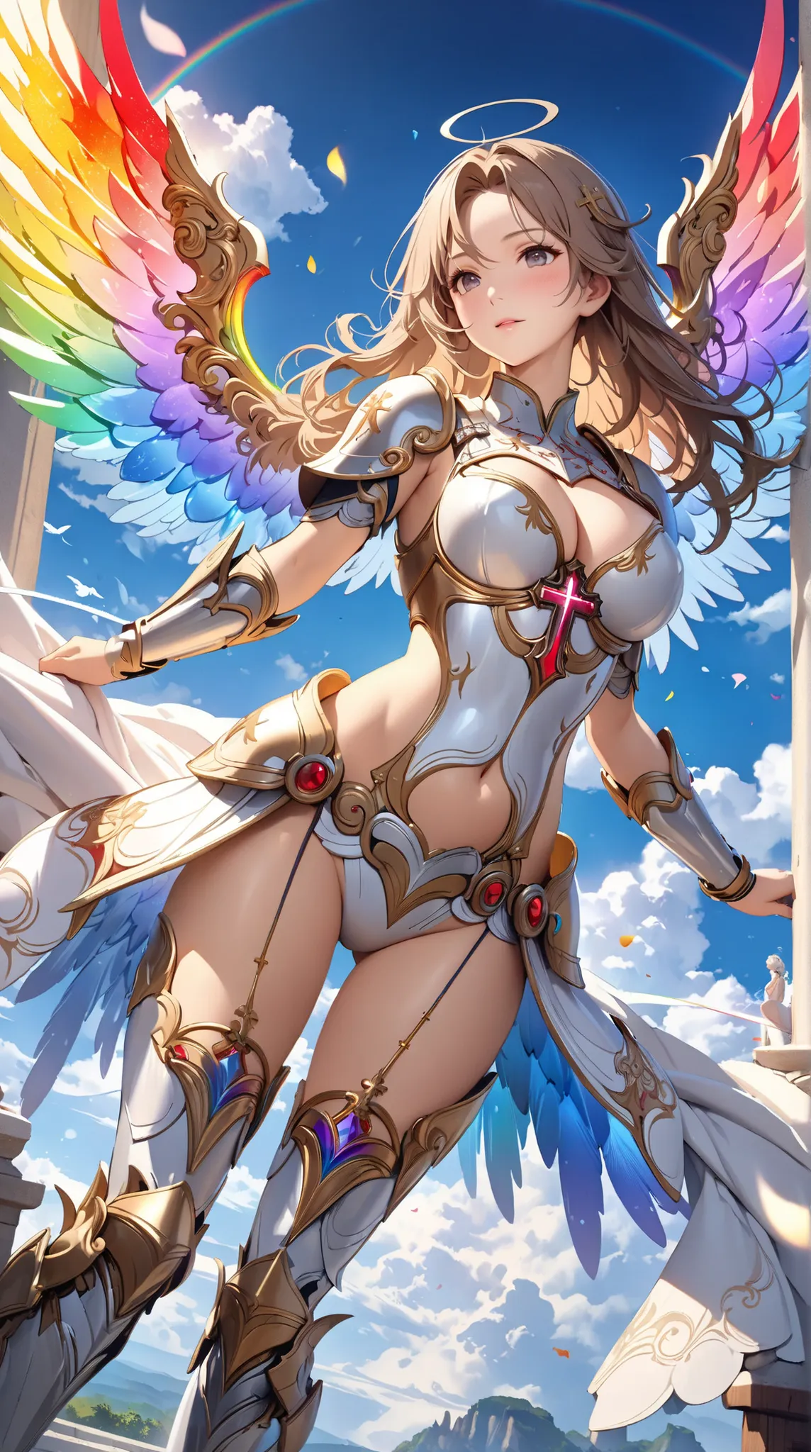 ((top quality)),( Ultra High Resolution ),(very well detailed),( detailed description),(( best CG )),(masterpiece), Ultra Detailed Art ,Amazing Painted Art,(Art with Delicate Details:1.5),  Female Angels, beautiful well-groomed face, , deep cleavage, finel...