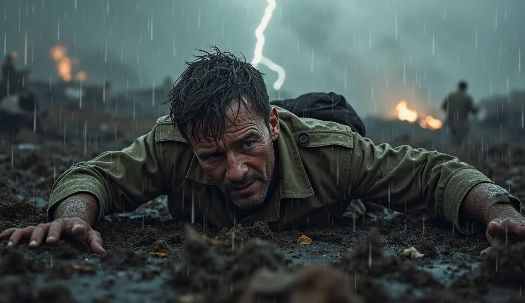 A British army officer lying on the ground, in the First World War, In the middle of a thunderstorm