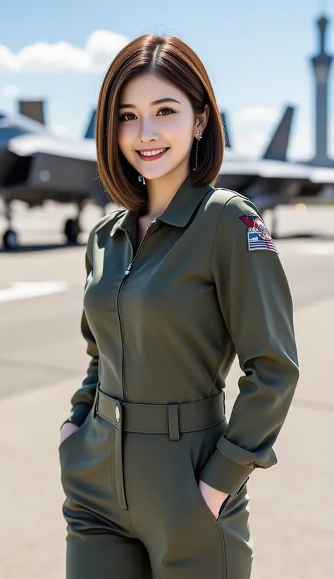 12K、High Resolution、 bit depth 10 bits、(((An image showing the model's full body:1.5)))、The model is an American Air Force pilot、F-35 pilot、 wearing a pilot suit 、Random Hairstyle、 with a smile、 teeth inside、(((F-35 fighter jets can be seen in the backgrou...