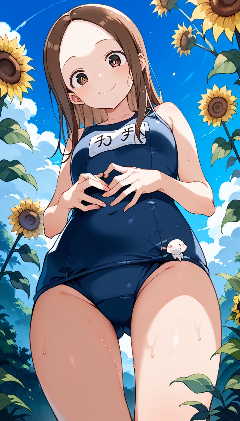 NSFW ((Takagi))shiny brown hair,  ( beautiful brown eyes、Sparkling Eyes, fine grain)、smile、super detailed eyes、very detailed face, very elaborate eyes,cowboy shooting、
( Super Flats , flat shading)，One ，，baby face， navy school swimsuit，Camping along the ri...