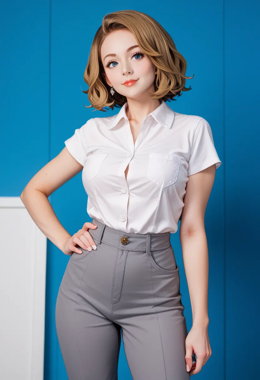 arafed woman in a white shirt and grey pants standing in front of a blue wall, kirsi salonen, magdalena andersson, wearing a blouse, Magdalena Radziej, wearing a white blouse, moleksandra shchaslyva, niele toroni,  photo by Džesika Devic, Serena Malyon
