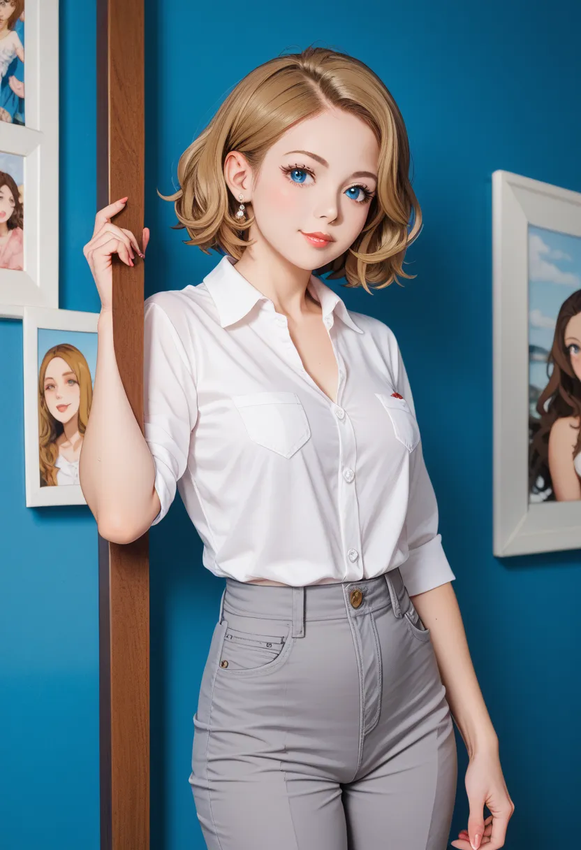 arafed woman in a white shirt and grey pants standing in front of a blue wall, kirsi salonen, magdalena andersson, wearing a blouse, Magdalena Radziej, wearing a white blouse, moleksandra shchaslyva, niele toroni,  photo by Džesika Devic, Serena Malyon
