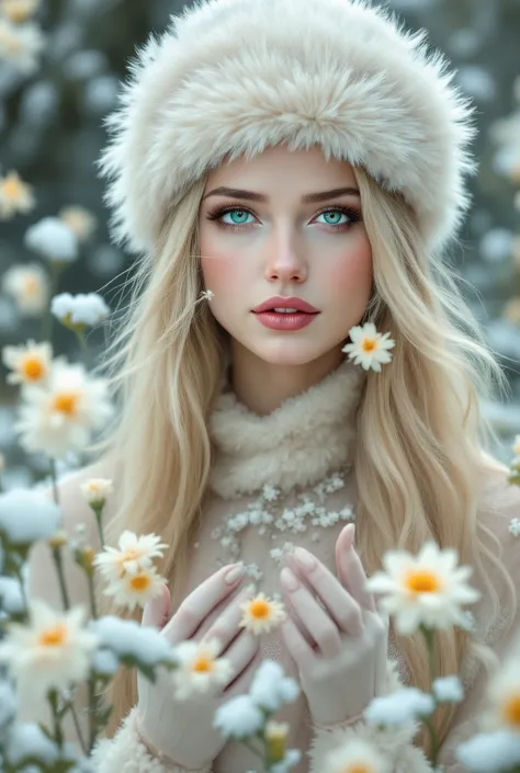 pinkfluxproultrafantasia, beautiful girl, sexy, Darling, attractive, in a dress, fur gloves , hat, long blond hair, beautiful, sexy, Looking at the beautiful flowers that bloom under the winter layer of snow, A beautiful morning, Masterpiece , best qu...
