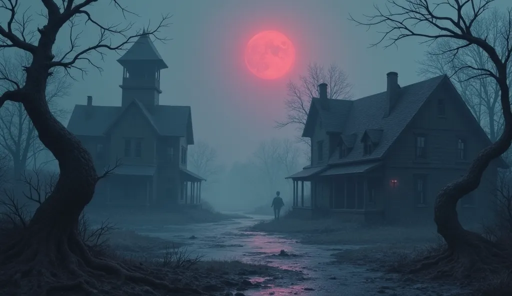 A chilling, mist-covered landscape—an abandoned village swallowed by time. Crumbling houses with shattered windows loom under a blood-red moon. Twisted, skeletal trees claw at the sky, their branches tangled like grasping fingers. The air is thick with the...