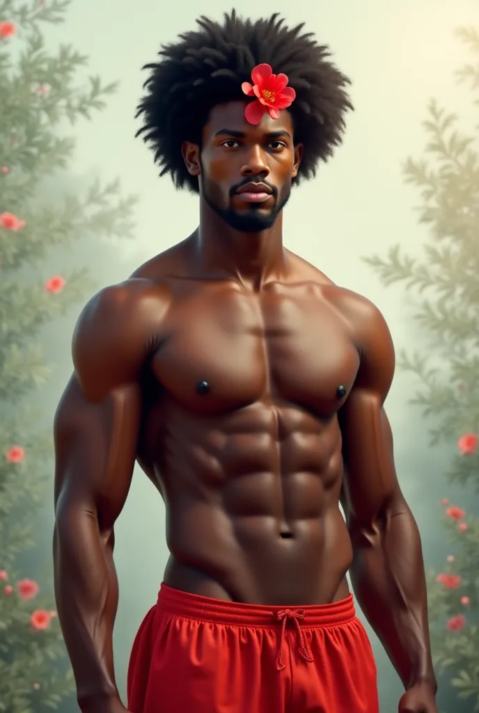 Afro black man wearing red shorts and put a red flower on his side head in Thai art style 