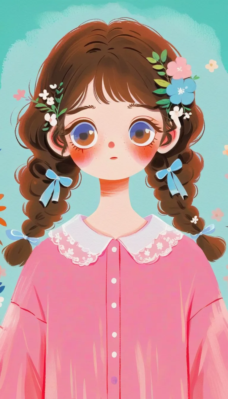 lo-fi illustration ,  cute hand-painted , Picture Book Illustration，1 lovely student， alone,  shirt lace collar , blush, Hair accessories, 