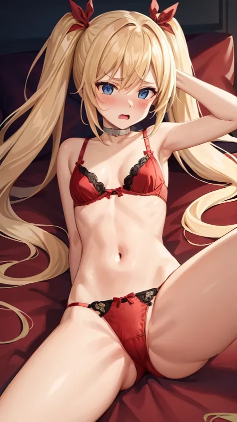 {{{masterpiece}}},{{{best quality}}}, {{super detailed}},{{very delicate and beautiful}},{handy adult toy}, {masturbation},{open legs},{{{blond with a big face}}},{{{short twin tails}}},{{small breasts}},{{ troubled face}},{embarrassed face},{{red balconet...