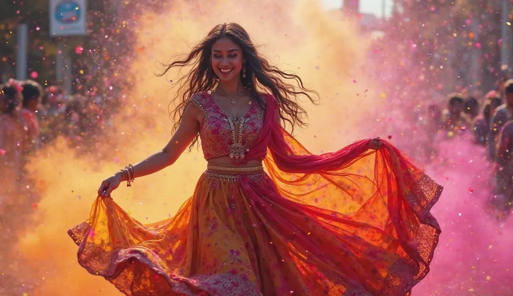 The woman's dupatta, wet from Holi water, flies in the air as she twirls. Her playful expression and the sparkling colors around her add a magical feel.