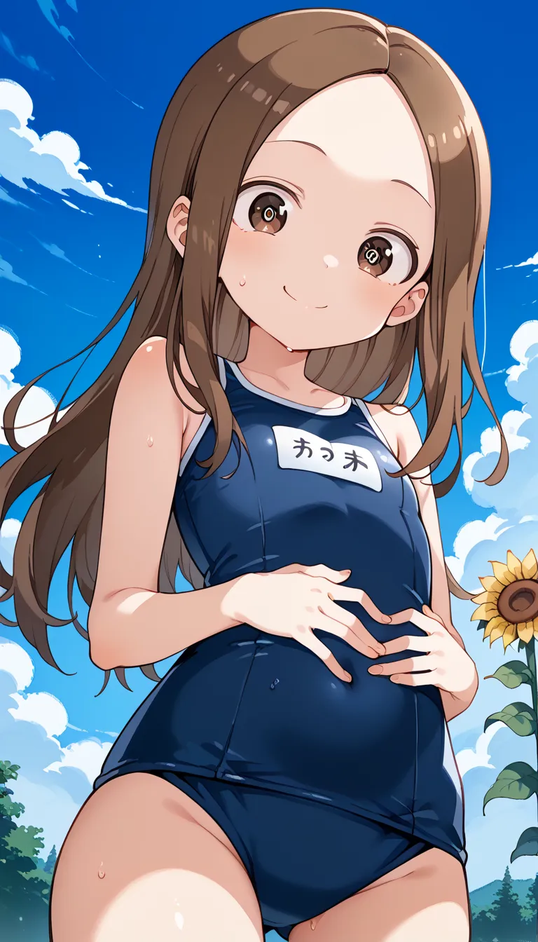 NSFW ((Takagi))shiny brown hair,  ( beautiful brown eyes、Sparkling Eyes, fine grain)、smile、super detailed eyes、very detailed face, very elaborate eyes,
( Super Flats , flat shading)，One ，，baby face， navy school swimsuit，Camping along the river，smiling happ...