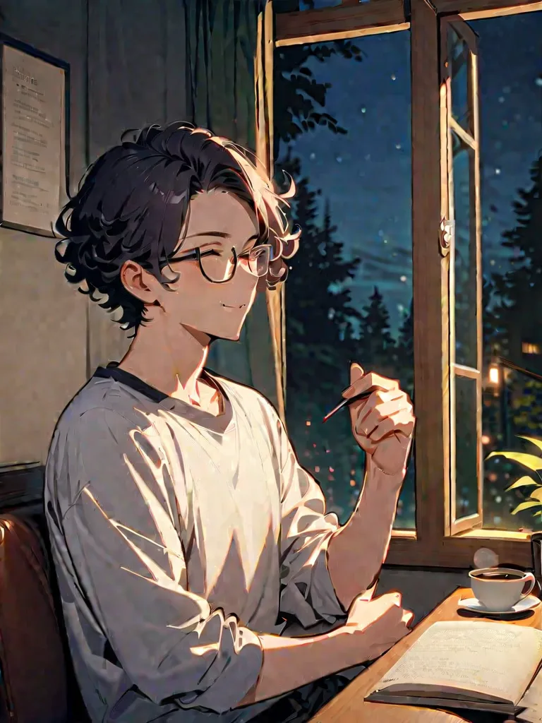   Ultra-fine,masterpiece, Awards,  top quality  ,1 person,  handsome boy, Hair, 23 years old,Glasses,Introvert,night,coffee,light,books, short hair, Curl perm,Forest outside the window,   kind smile,