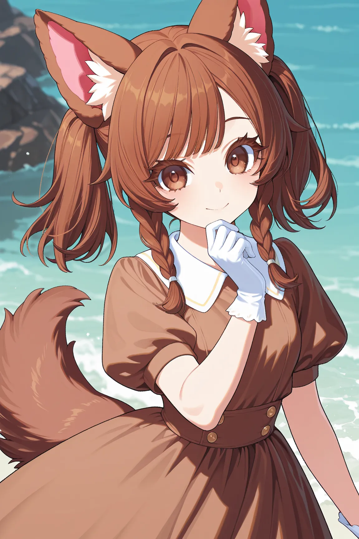  A age girl. Brown hair, braided in two short ponytails. Lop-eared dog chihuahua fluffy ears. Big brown eyes with thick eyelashes. White collar. A beautiful brown dress. White gloves. She is visible in the frame only from the waist up. She smiles and waves...