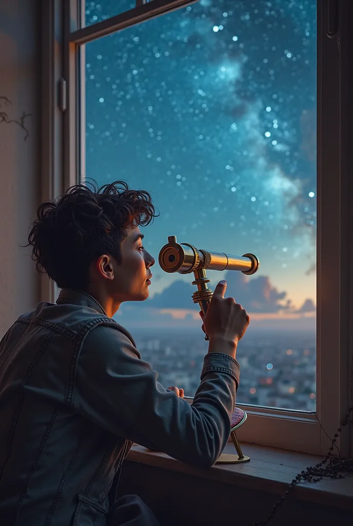  lying in the window looking at the sky outside the window with a telescope