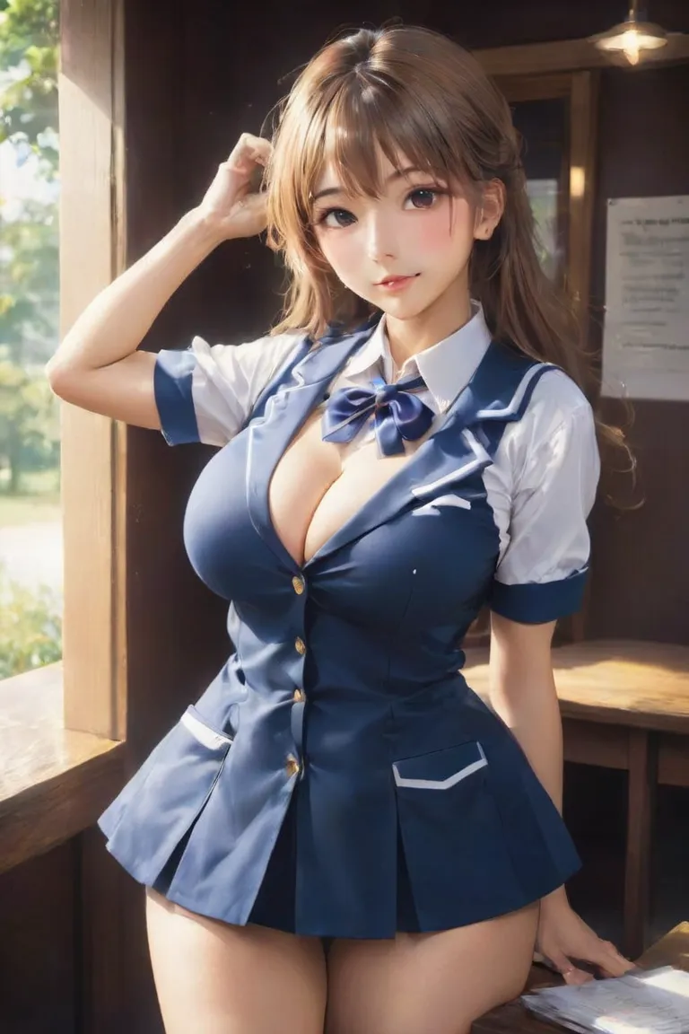 Sexy anime girl with a porn star like body in a tight whet school uniform skin showing Large breasts, 