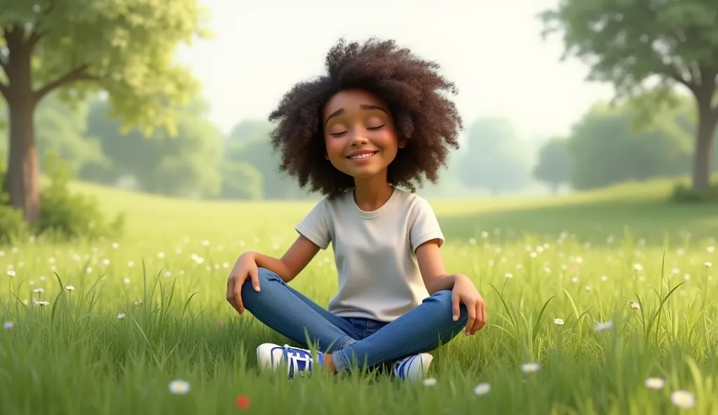  sitting on a field with a kind face. Curly and voluminous hair, with a very natural style.
He is wearing a simple white t-shirt with jeans and blue and white sneakers.   3d drawing 