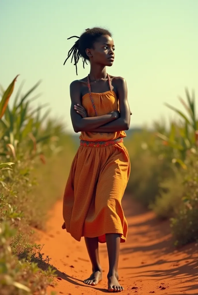 2. Amara, la jeune fille au destin tragique :
“Une jeune fille africaine d’une beauté douce, portant un pagne coloré, aux cheveux tressés, les yeux remplis de préoccupation. Elle marche seule dans un champ de canne à sucre, les bras croisés sur sa poitrine...