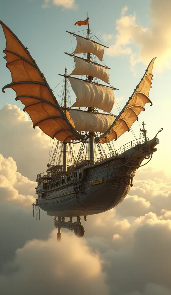 in the steampunk style, flying ship sailboat with large pterodactyl wings