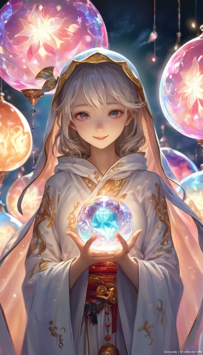 Mysterious and enchanting fortune teller、staring at the glowing crystal ball。 age Japanese woman with paint on her belly 。teeth、wears an exquisitely designed organza hooded cloak。彼女の手teeth、にteeth、with sparkling crystal balls that emit graceful colorful lig...