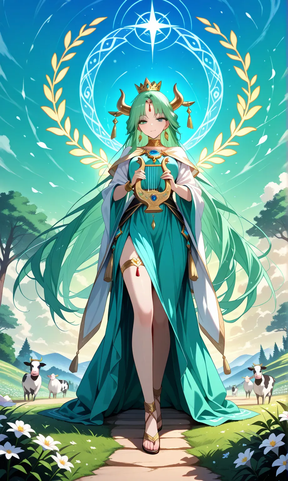  ((masterpiece, ultra detailed)) (1girl) A radiant goddess with long flowing hair, her skin glowing with an inner warmth. She wears a crown with the sun disk and cow horns, symbolizing her divine connection to joy and love. Her robes are decorated with gol...