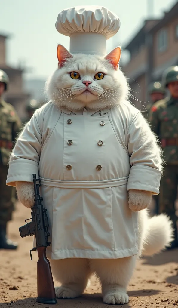 A real, realistic, fat white cat / He is tall and has a big, round belly. He wears a chef suit and a two-meter hat in a military post with an Arbaiji weapon on his shoulder 
