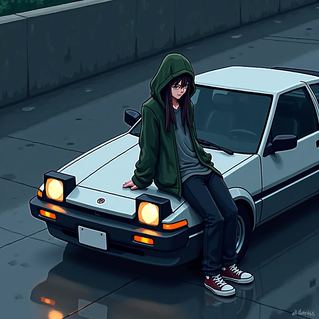 Pixel art 8bit bit sega art nes pixelcore low bit lonely hooded long hair guy sitting next to ar86 toyota car