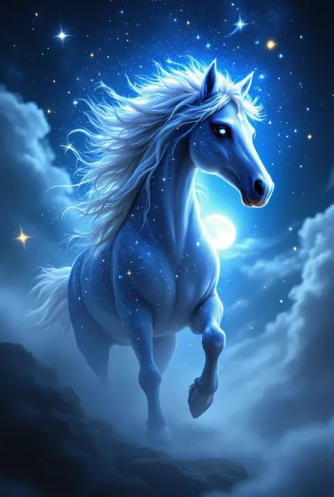 pinkfluxproultrafantasia, Beautiful style, fantasy style, imagination , incomprehensibility, unbridled, a horse, Gorgeous mane, stars, Night Fog, moonset , like the sea, Masterpiece , best quality, high quality, 8 k, maximum details, complex details, gre...