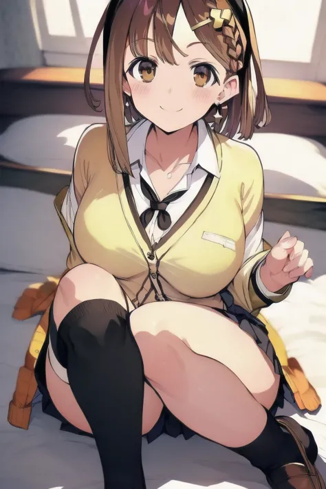 ライザリン・シュタウト,(masterpiece, best quality:1.2),2D, anime, Anime art, line art , watercolor,loli, 1 girl , chest, (large breasts),braid, (brown eyes), (brown hair), (reisalin stout), smile, solo, thighs,(school uniform:1.6), (cardigan:1.6),(white shirt:1.6),(s...