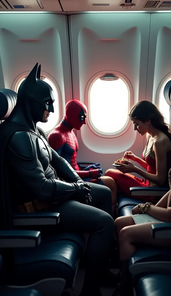 Inside a commercial airplane in mid-flight, everything appears calm. Batman, wearing his classic black suit and cape, is seated near the window, arms crossed, observing everything with a serious expression. Spider-Man, in his red and blue suit, is sitting ...