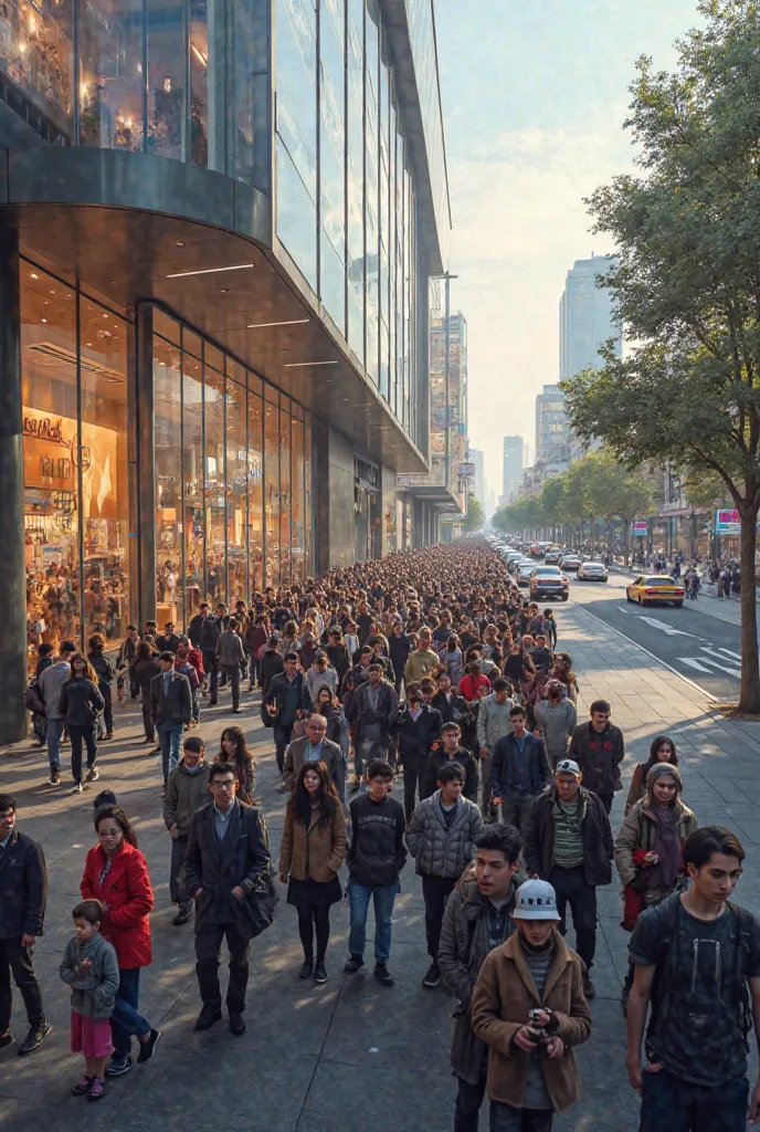 People are waiting in a long line infront of the mall.