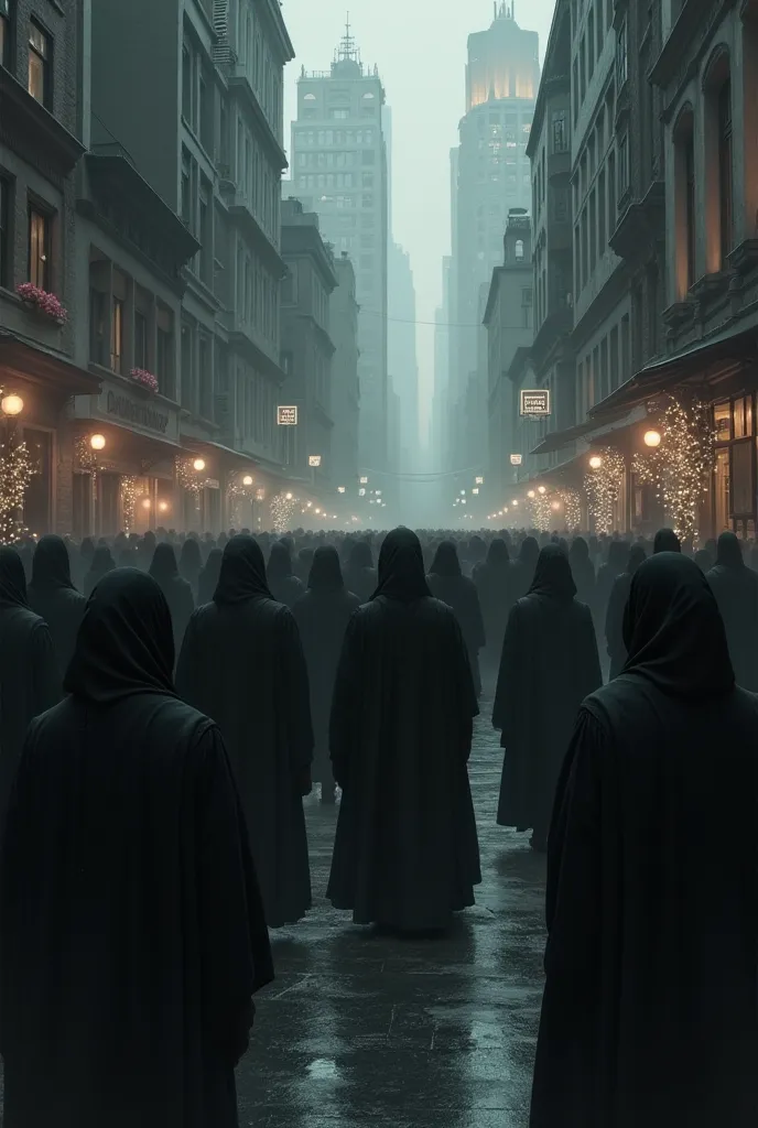 A City in Mourning**: A somber image of a city draped in black cloth, with people wearing mourning attire, walking through the streets with sad expressions.