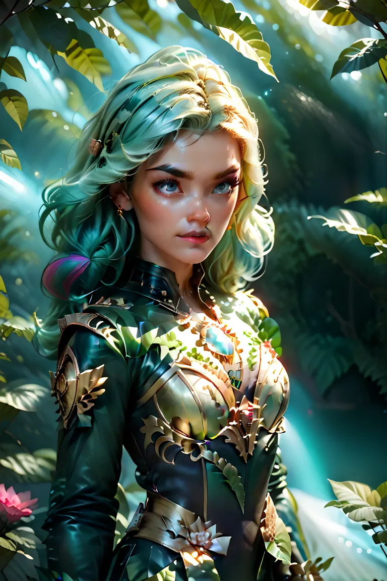 Cinematic anime-style illustration of Lyra, an agile female fighter with an elegant appearance. Graceful athletic build, wearing lightweight armor made of glowing leaves and reinforced bark, adorned with luminous flowers and thorny vines. Long flowing hair...