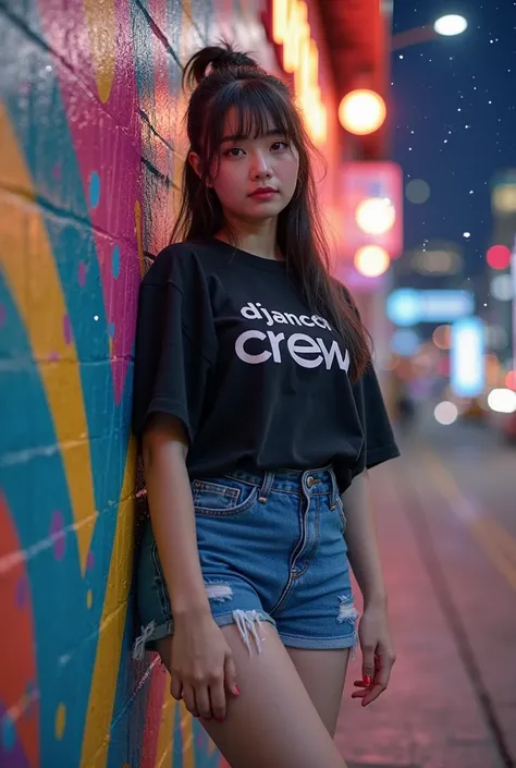 A realistic beautiful woman with a chubby Korean face, litlle chubby body, long hair tied up with Korean-style front bangs, wearing a slightly oversized black T-shirt with the inscription “DJANCOK CREW” with an aesthetic front, and mini skirt jeans, Face f...