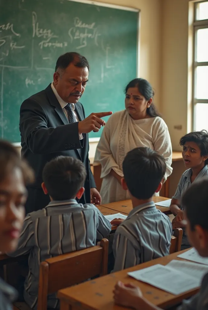 A highly dramatic and eye-catching scene inside a Bangladeshi high school classroom. The inspector, wearing a formal suit, has an extremely angry expression and is pointing his finger aggressively at a terrified student in the last row. The student, dresse...