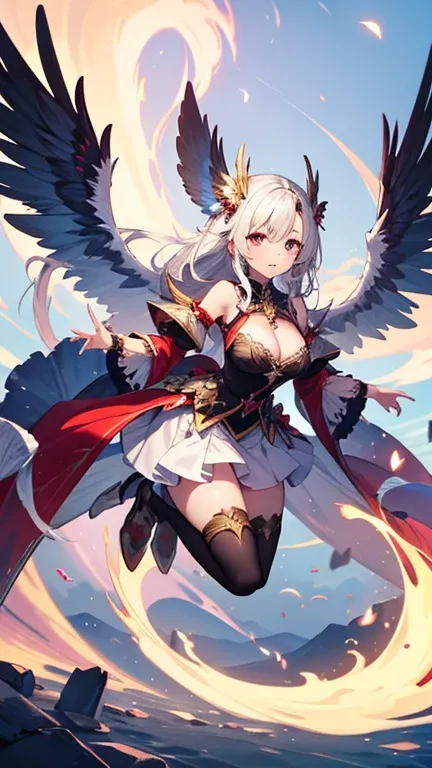 Produces high resolution 8k 2.5D images with a fantastic and uplifting atmosphere. Features fantastic scenes of loli characters with oversized wings that resemble majestic birds of prey. This  Valkyrie loli from Norse mythology.Guide the souls of countless...