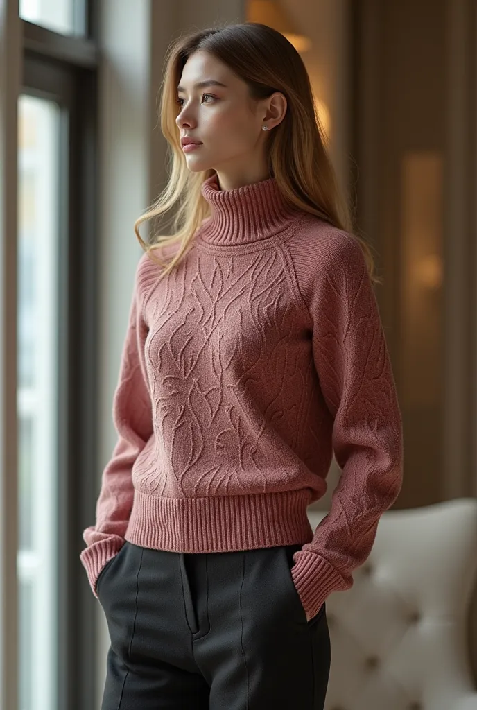 Madame designs of machine-woven sweaters in a single color