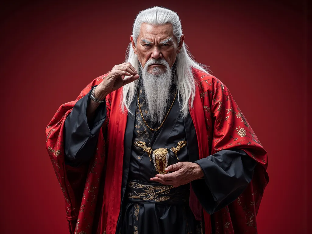 Old Man's Vintage Chinese Dress, face up,  arrogant posture , GANDARF-LIKE FACE, One person in the picture, serious face color,  elegant, Hand Slap Food, darkened red linen, Drop it off,  Fierce Face, White hair, Dark Black Dress with Gold Trim, Shiny suit...