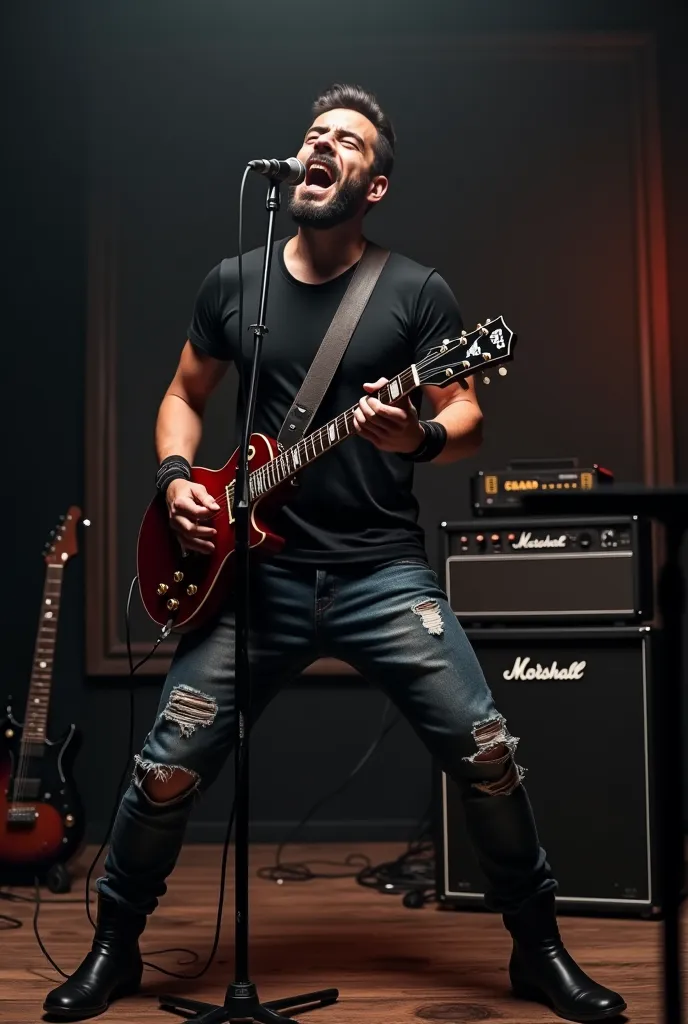 A man age 33 years slim smart, Turkish, tirkish origin, short black hairs, light french beard on face, standing front on mic, louding, hight Note singing way, holding electric guitar, rock star style, wearing dark gray faded skinny Levi's jeans, black plai...