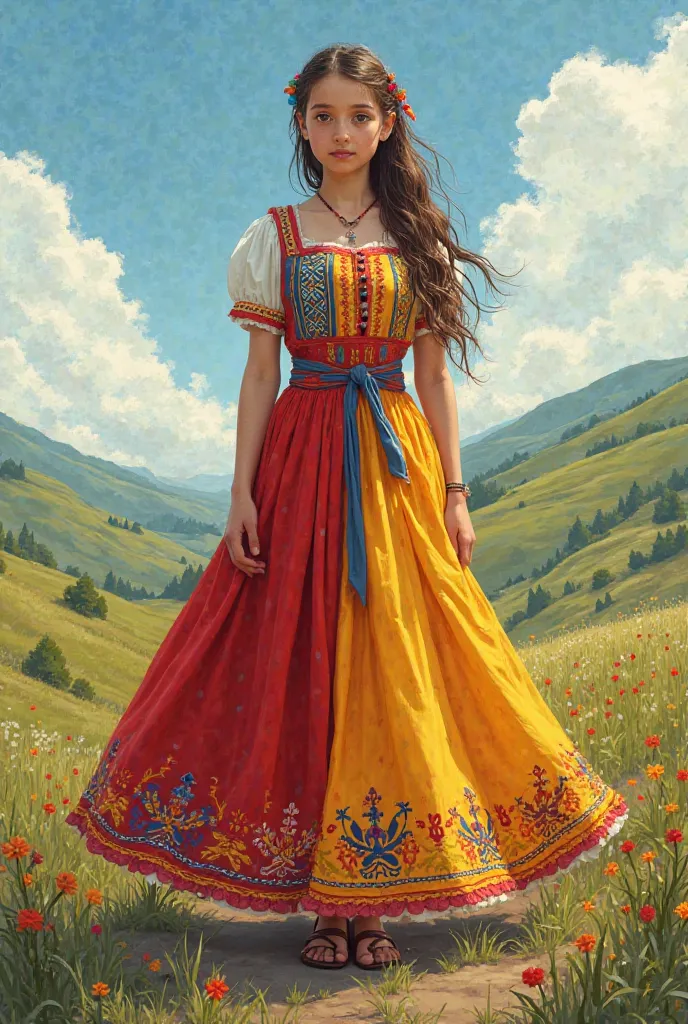 A girl in a dress in the national colors of the Moldovan flag