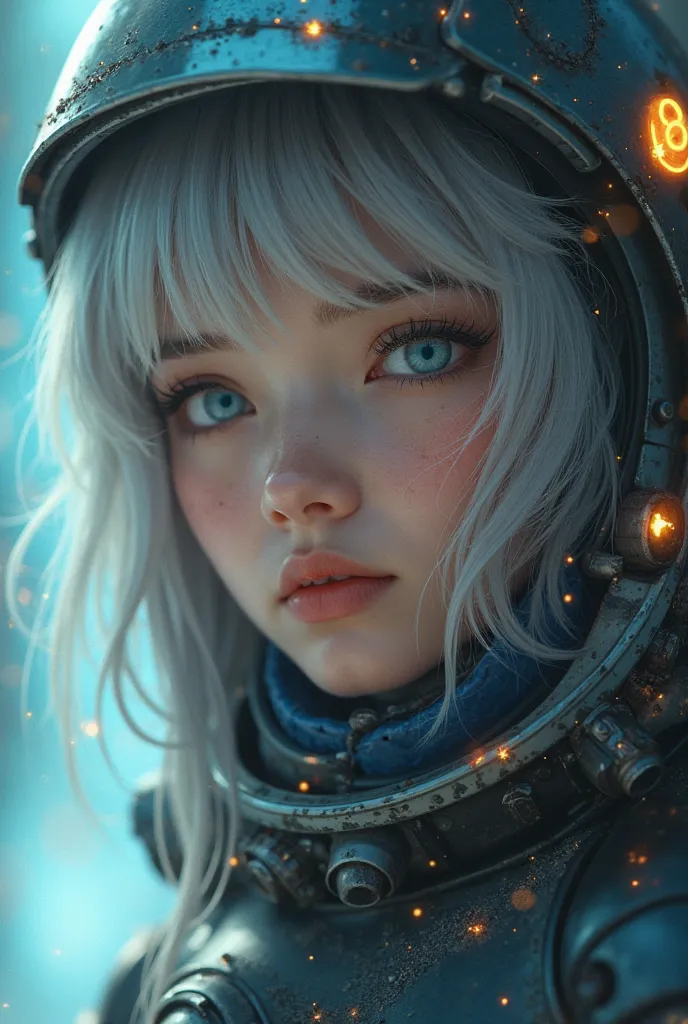 (close-up of an excellent masterpiece:1.5)0.9]，(Space and astronauts:1.2) (Messy silver hair:1.1) (Heterochromia yellow blue eyes:1.2) (Space Helmet:1.0) (With Colored Stars in Eyes:1.0) (dazzling light:1.1) (Thick lips:0.9)Ery Once，The flame of revenge wa...